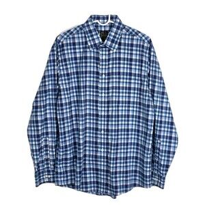 Jos A Bank Shirt Mens Large Blue Gingham Check Button Up Long Sleeve 100% Cotton